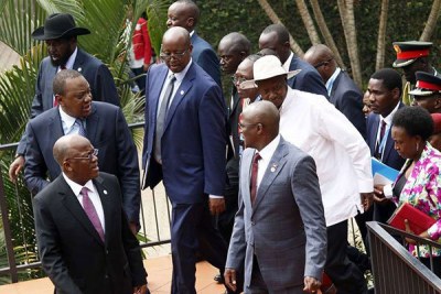 Les présidents de la Communauté de l'Afrique de l'Est lors d'un sommet à Kampala, en Ouganda, en février 2018. Ils doivent se rencontrer à Arusha, en Tanzanie, le 1er février 2019