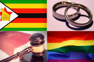 Top-left: Zimbabwean flag. Top-right: wedding bands. Bottom-left: Judge's gavel. Bottom-right: LGBTQI+ pride flag.