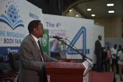 Mayor of Mogadishu Abdirahman Omar Osman at the opening of the Mogadishu Book Fair in Somalia's capital on August 15, 2018.