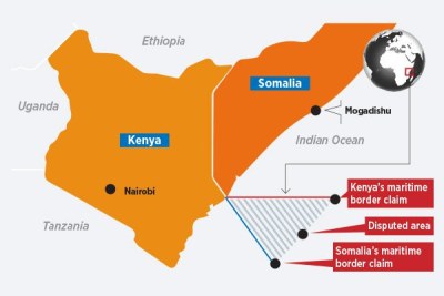 The area in the Kenya-Somalia maritime border dispute forms a triangle east of the Kenya coast.