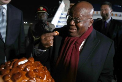Ghana's President Nana Addo Dankwa Akufo-Addo is given a traditional welcome at Sochi International Airport as he arrives to take part in the 2019 Russia-Africa Summit on October 22, 2019.