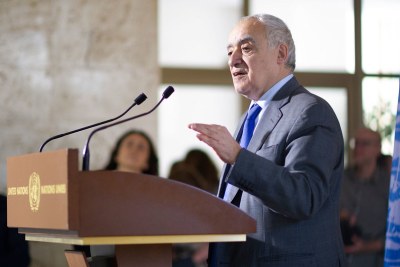 Ghassan Salamé, Special Representative of the Secretary-General and Head of the UN Support MIssion in Libya, briefs the press at the meeting of the 5+5 Libyan Joint Commission in Geneva in February 2020.