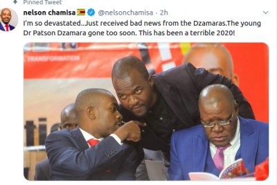 MDC Alliance President Nelson Chamisa's tweet on the passing of Patson Dzamara.