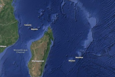 A Google map showing the West Indian Ocean islands of Seychelles, Comoros, Mayotte, Madagascar, Reunion and Mauritius.