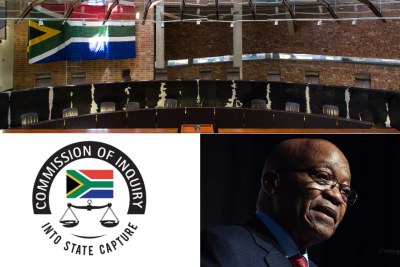 En haut : Cour constitutionnelle, en bas à gauche : logo de la Commission d'enquête Zondo, en bas à droite : l'ancien président Jacob Zuma.