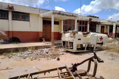 Image of a destroyed ambulance of the health centre in Muatide, in the district of Muidumbe in the northern Mozambican province of Cabo Delgado.