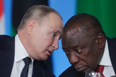Russia's President Vladimir Putin, left, and South Africa's President Cyril Ramaphosa at the first plenary session of the 2019 Russia-Africa Summit at the Sirius Park of Science and Art in Sochi, Russia, 24 October 2019.