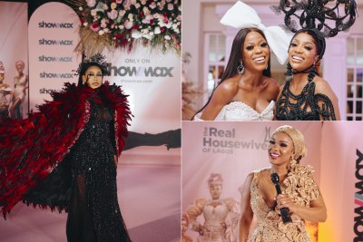 The Real Housewives of Lagos cast Chioma Ikokwu, Toyin Lawani-Adebayo, Mariam Timmer and Iyabo Ojo at the launch of the show in Sandton, South Africa.