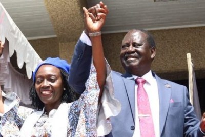 Martha Karua, leader of Kenya's Narc party, with presidential candidate Raila Odinga after being named as vice presidential candidate for the Azimio la Umoja One Kenya Alliance in the elections scheduled for August 9.