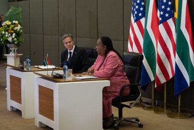 The American Secretary of State, Antony J. Blinken. listens to South Africa's Minister of International Relations and Development, Naledi Pandor, at a news conference in Pretoria on August 8, 2022.