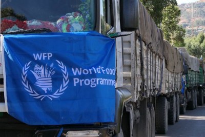 WFP convoy trucks delivering food and nutrition supplies to Adi Harush, Mai Aini, Mekelle and Shire in Tigray, Ethiopia.
