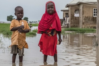 Des enfants se tiennent debout dans une eau de crue dans l'État de Borno, au Nigeria.