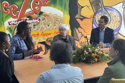 U.S. Treasury Secretary Janet Yellen and her team on a visit to Jave Foods in Lusaka. 