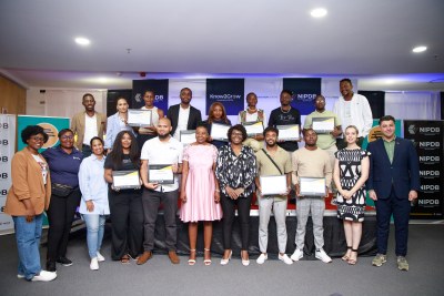 The CEO and Chairperson of the NIPDB, Nangula Uaandja, and the Executive Director of MSME Development, Innovation, and Acceleration at NIPDB, Dino Ballotti, pose with the 12 winners, sponsors, and partners of TechNovation Social. The event was held on Friday, 31 March 2023, in Windhoek.