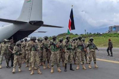 Les troupes du Soudan du sud de la force de l'EAC lors de leur arrivée au Nord-Kivu. Le 03 avril 2023.