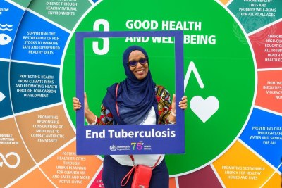 A participant promotes the “End Tuberculosis” cause during a United Nations General Assembly debate in September 2023.